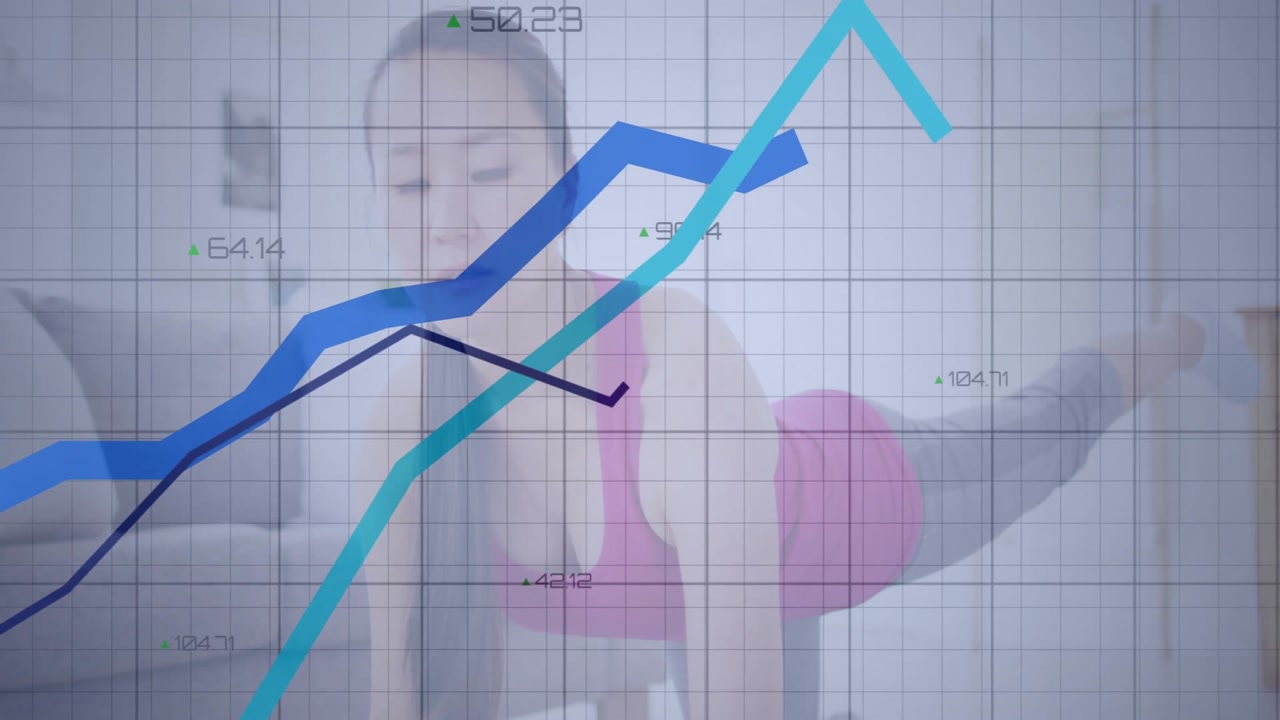 woman performing plank exercise inside living room, overlaying semi-transparent fitness data graphs