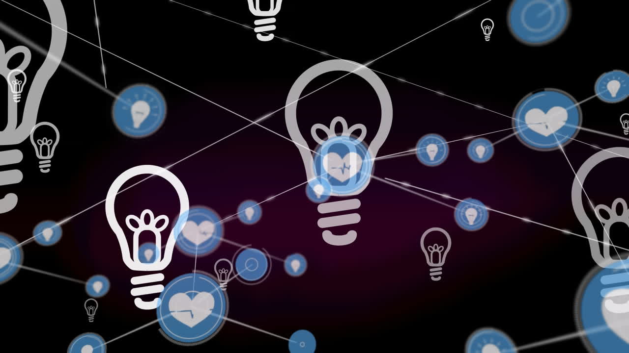 animación de la red de conexiones con íconos de corazón sobre bombillas en fondo negro