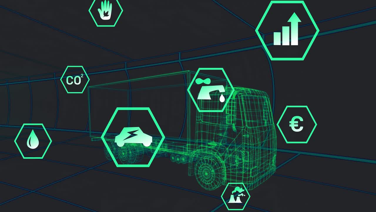 터널에서 원활한 패턴으로 움직이는 3d 트럭 모델 위의 여러 디지털 아이콘의 애니메이션