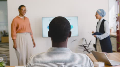 Business-Woman-And-Muslim-Businesswomen-Making-A-Presentation-In-The-Office-While-Young-Worker-Is-Sitting-Listening-Their-Coworkers