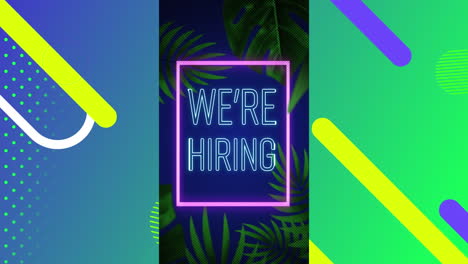 animation of we are hiring neon text over leaves