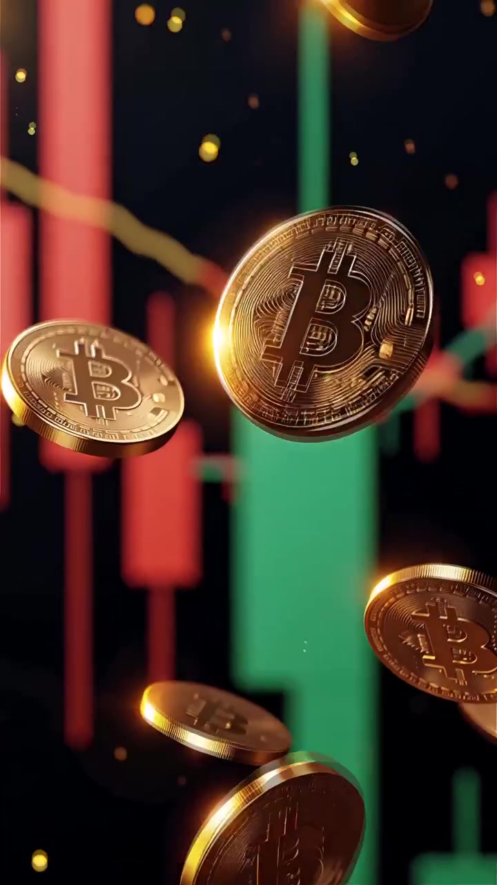 Moedas de Bitcoin douradas com fundo de gráfico de velas desfocado 4K