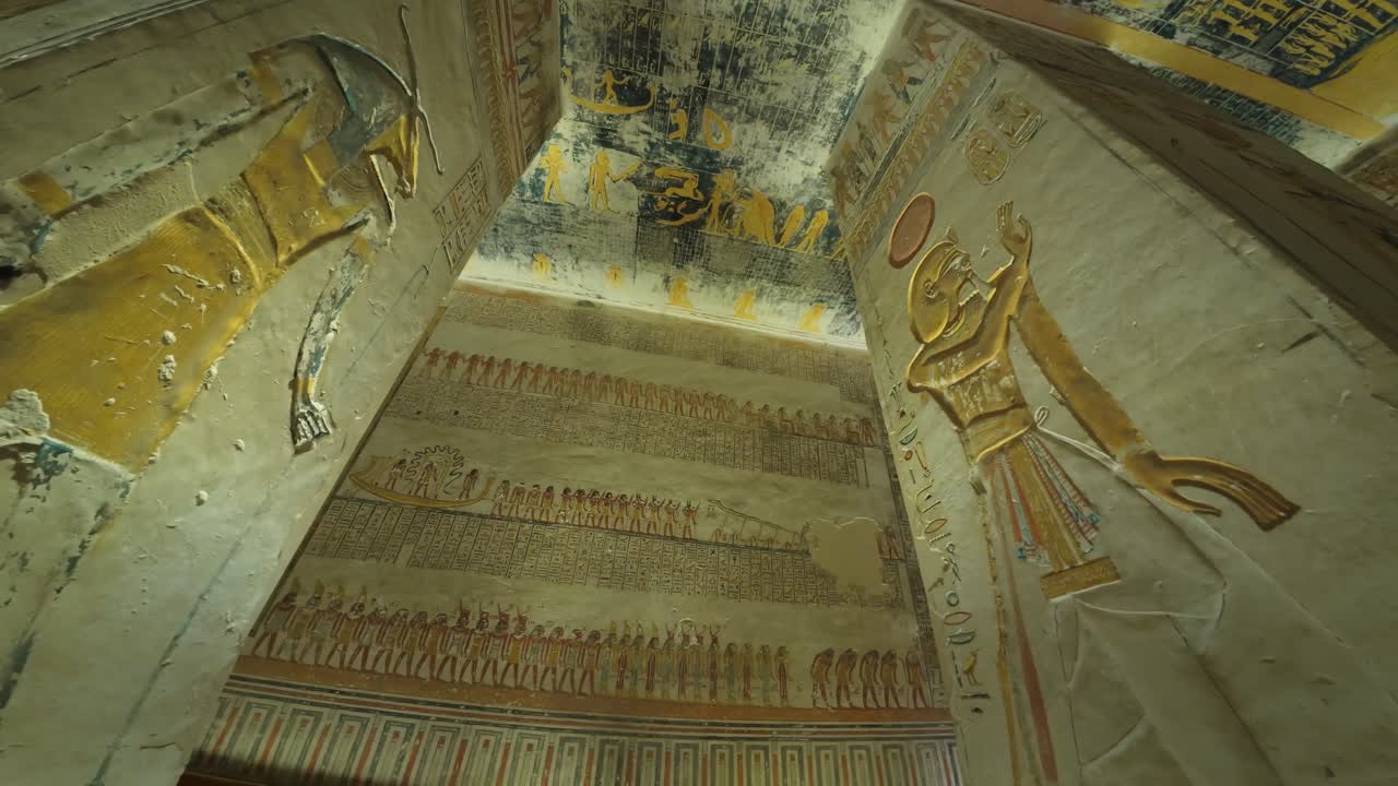 Ancient tomb walls with Egyptian art in Valley of Kings, mystical atmosphere