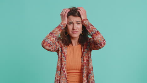 young sad woman loses becoming surprised by lottery results bad fortune loss unlucky fortune news