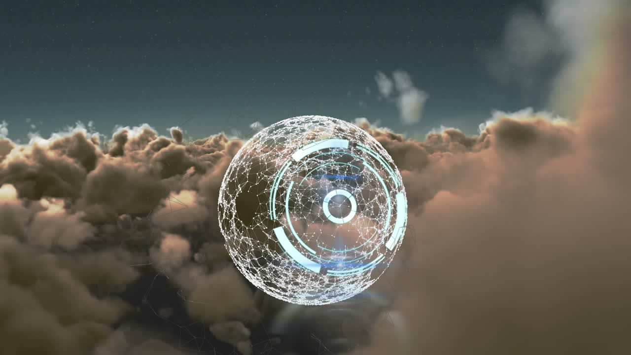 animación del reloj azul y el globo sobre el cielo nublado