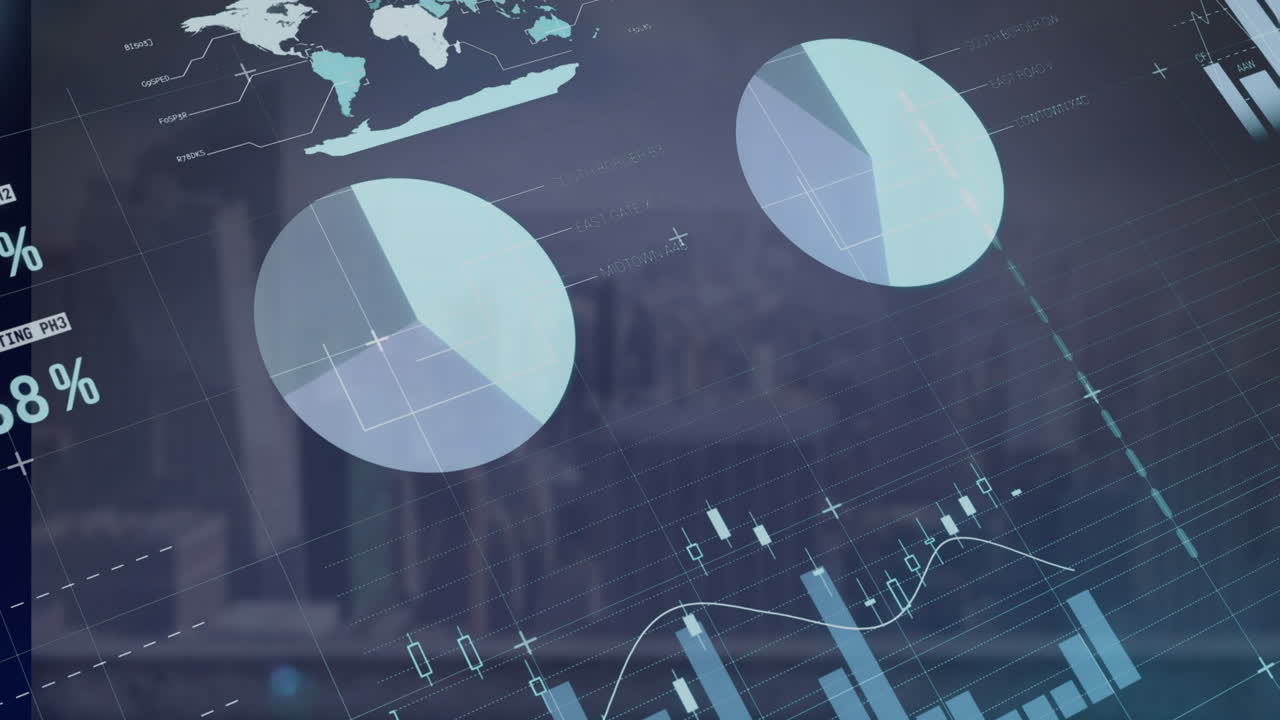 Animation of statistics, data processing over cityscape