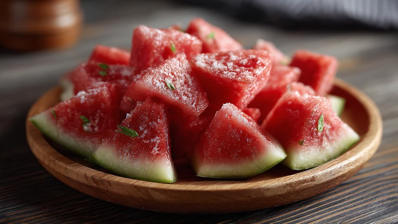 A Delicious Array of Refreshing Watermelon Pieces Served on a Rustic Wooden Plate, Perfect for Enjoying During Warm Days