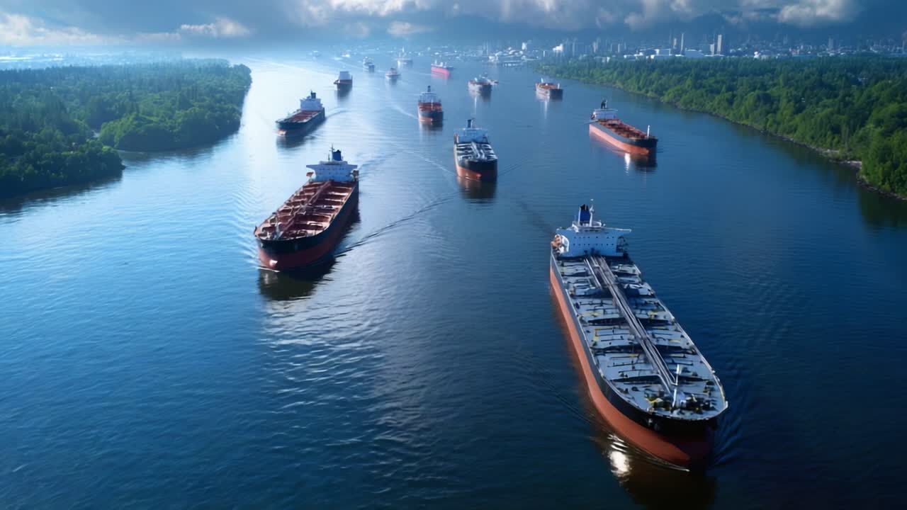 Aerial view shows multiple cargo ships navigating a wide, calm river. Lush green forests line both riverbanks under a clear blue sky. City skyline visible in the distance