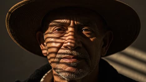 an intimate portrait capturing the depth and character of a weathered face illuminated by gentle light and intricate shadows, highlighting resilience and wisdom
