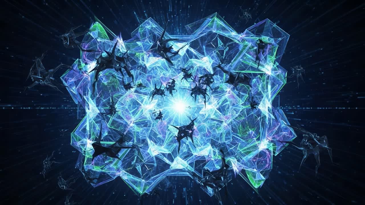 A Stunning Display of Abstract Digital Geometry with Illuminating Blue Light and Intertwined Shapes Creating a Futuristic Visual Experience