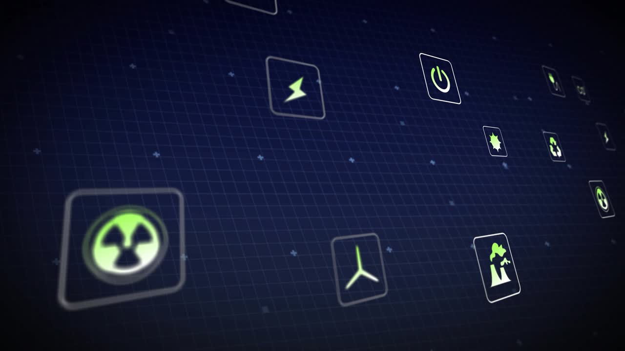 Interfaz animada que comienza en una cuadrícula rotando el dial de encendido, con iconos que emergen y visualizan la red de energía