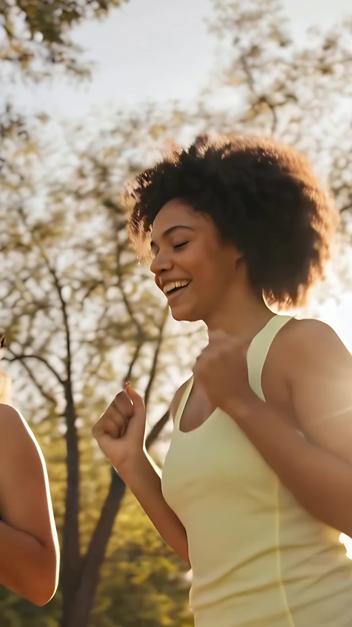 Vídeo vertical: Tocando no amigo, mulher de regata amarela liderando movimentos de braço e corrida leve aquecendo no parque