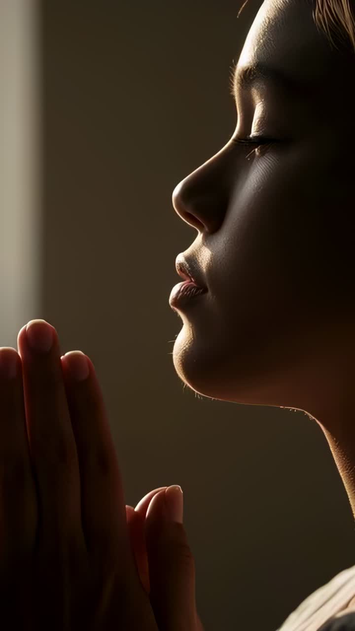 Video verticale: donna asiatica che prega con le mani giunte vicino al mento in un interno silenzioso, illuminazione perimetrale