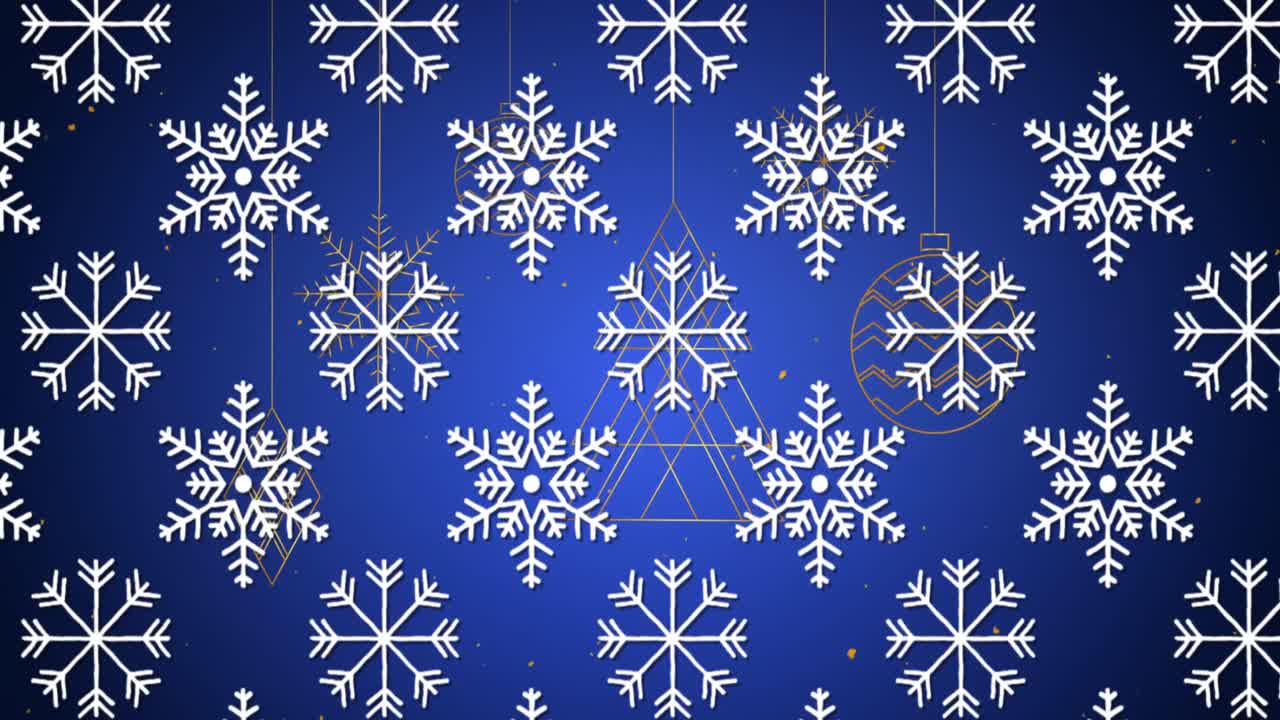 Snowflakes icons in seamless pattern against christmas hanging decorations on blue background