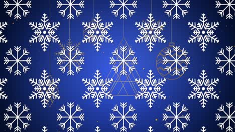 Snowflakes-icons-in-seamless-pattern-against-christmas-hanging-decorations-on-blue-background