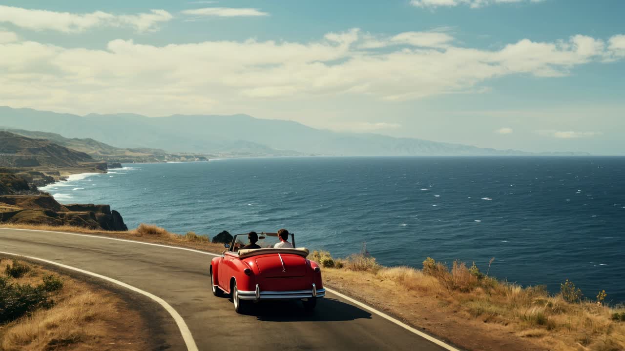 Vídeo aéreo de un descapotable rojo en una carretera costera que muestra vistas panorámicas del océano y montañas.