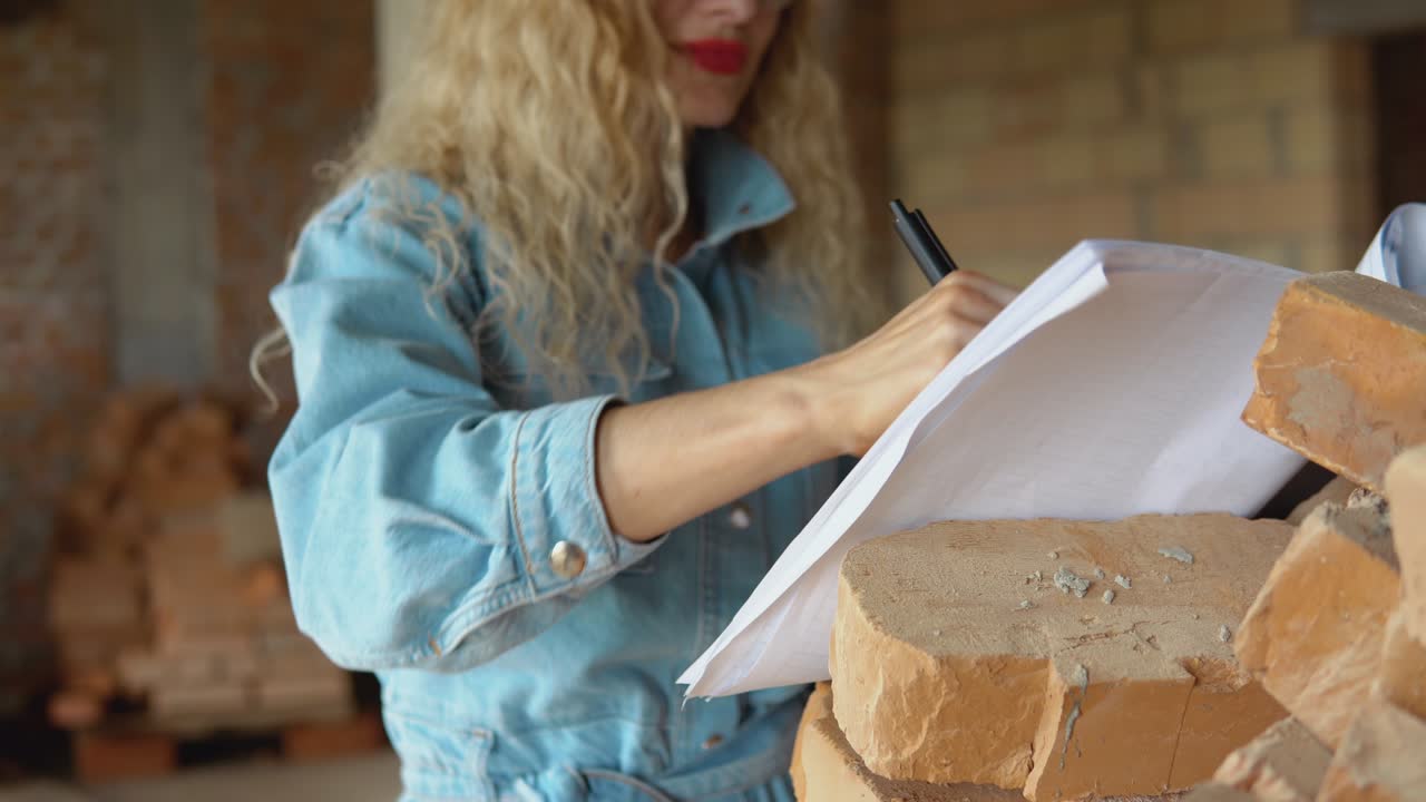 Female architect reads the architectural plan for the construction of the house and makes marks in it
