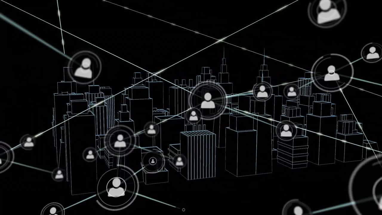Animation of network of connections with icons over 3d city drawing on black background