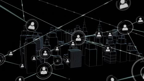 animation of network of connections with icons over 3d city drawing on black background