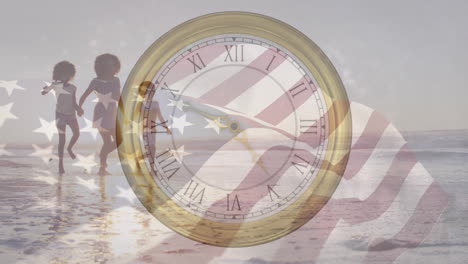 animación del reloj haciendo tic-tac sobre la bandera de estados unidos y una mujer afroamericana con niños.