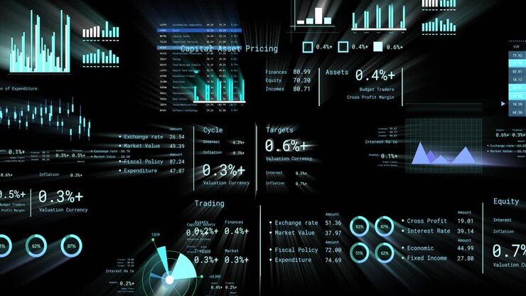 Animation of financial data processing with numbers over black background