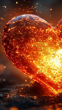 a heart made of fire is lit up in the dark. the fire is orange and the heart is surrounded by a lot of sparks. concept of danger and destruction, as the heart is being consumed by the flames