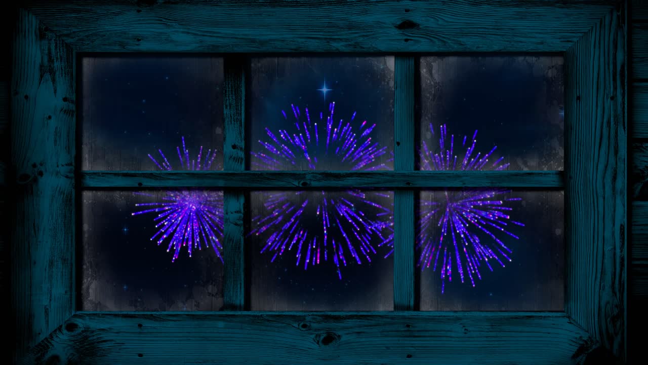 보라색 크리스마스와 새해 불꽃놀이가 밤하늘에서 폭발하는 창문의 애니메이션