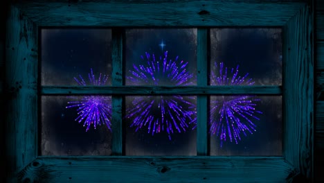 animación de la ventana con navidad púrpura y fuegos artificiales de año nuevo explotando en el cielo nocturno