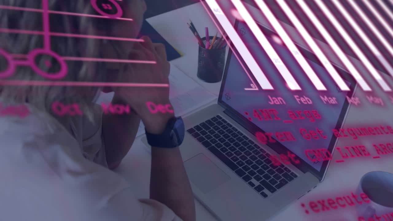 Woman studying tech data on laptop at office, showing animated pink code and bar charts overlay