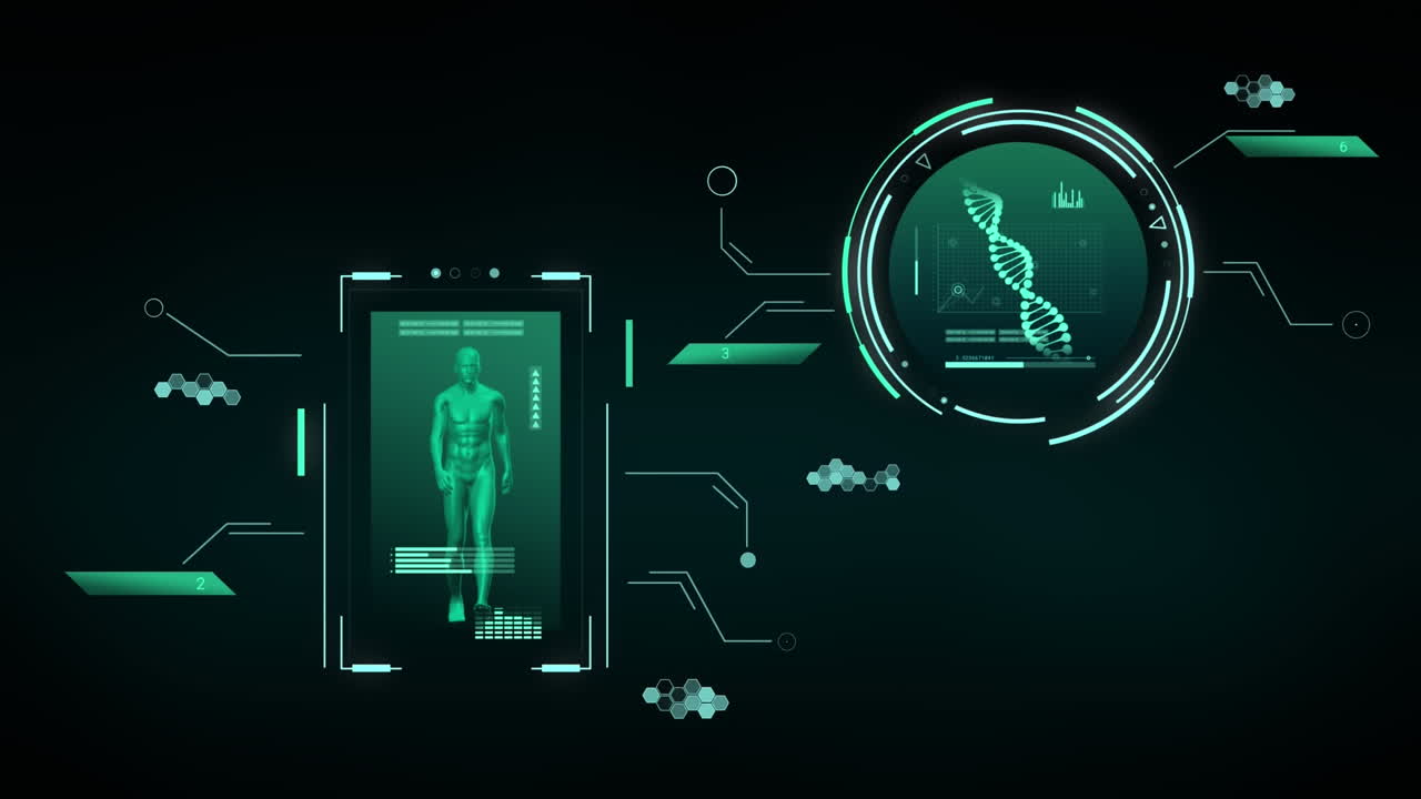 Animation of data processing with dna strand and human over black ...