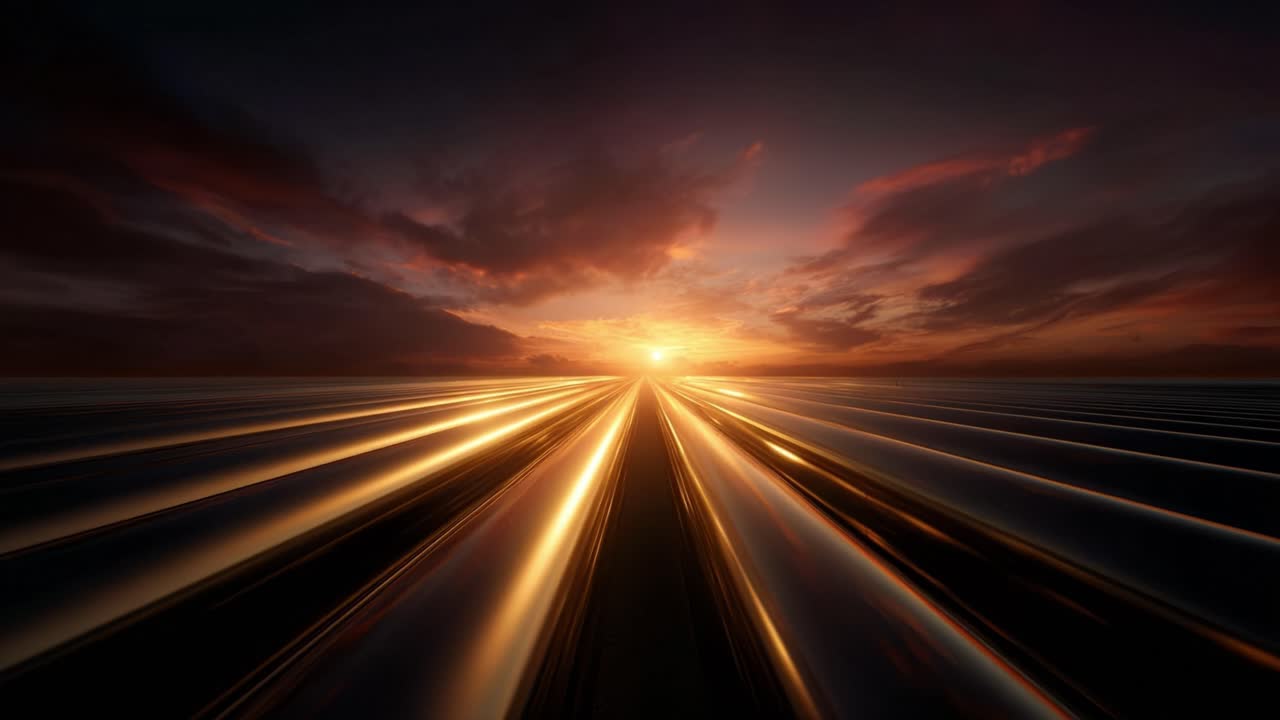 Uno splendido tramonto su un orizzonte con riflessi scintillanti e nuvole drammatiche, catturato in due fotogrammi di un viaggio video nella luce che svanisce.