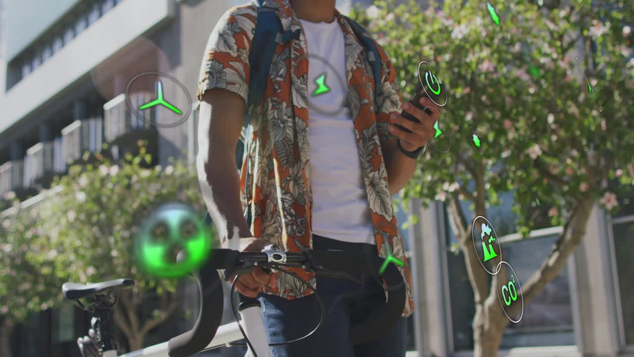 Homem segurando bicicleta e tocando no telefone, fazendo com que ícones de AR apareçam orbitando, mostrando a rota de deslocamento
