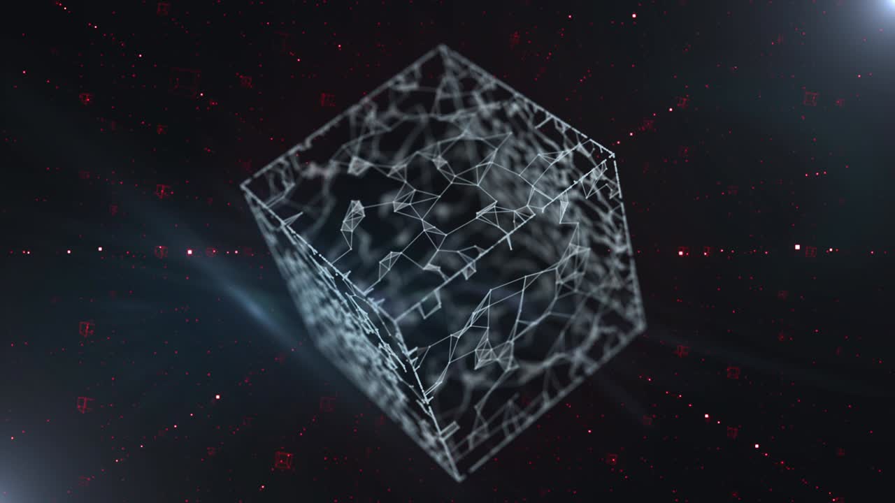 animación 3d de un cubo abstracto flotando en el espacio en textura de fondo gráfica creativa de 4k.