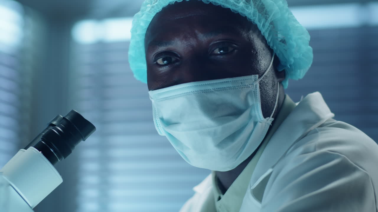 Portrait of African American Lab Scientist in Protective Mask