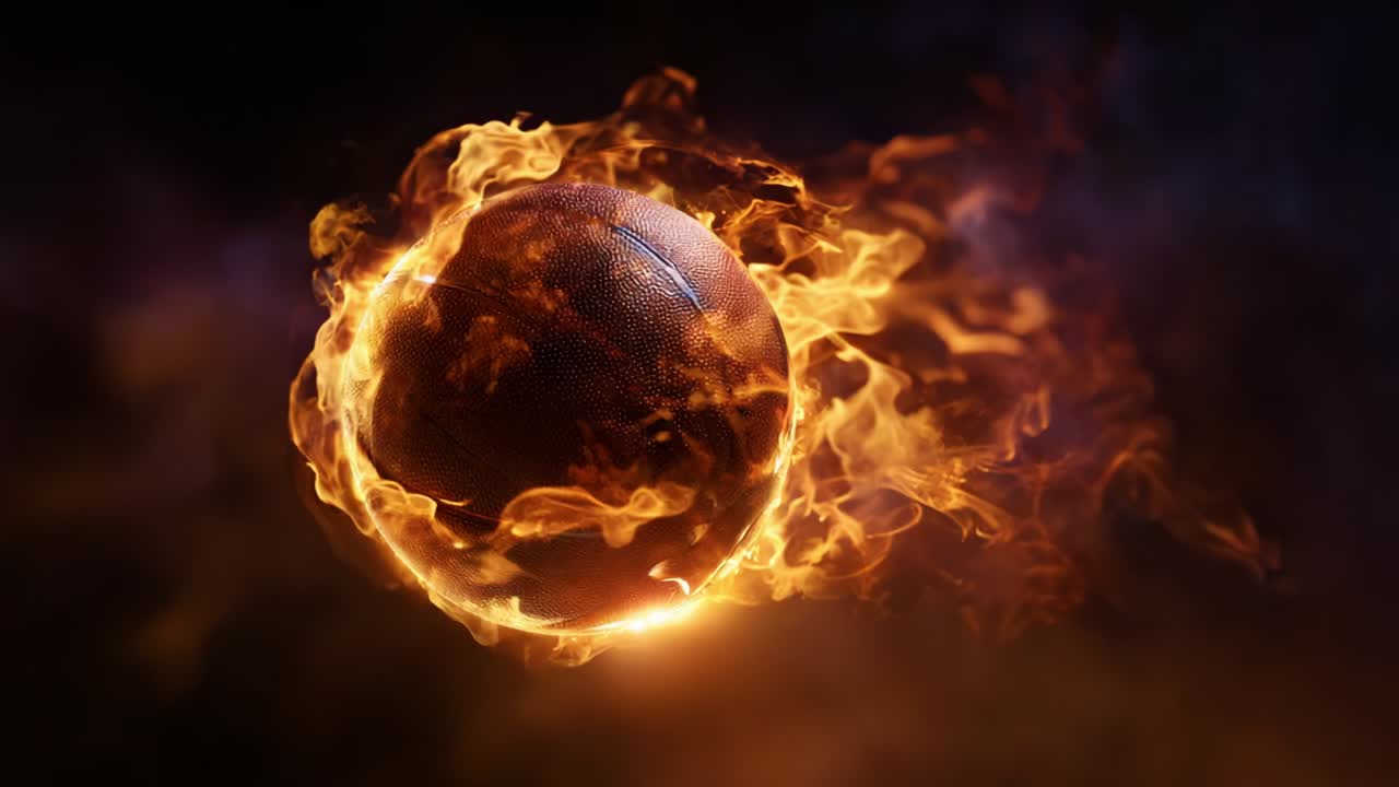 A mesmerizing display of a flaming basketball, radiating intense energy and vibrant colors, capturing the essence of passion and dedication in the world of sports and athleticism