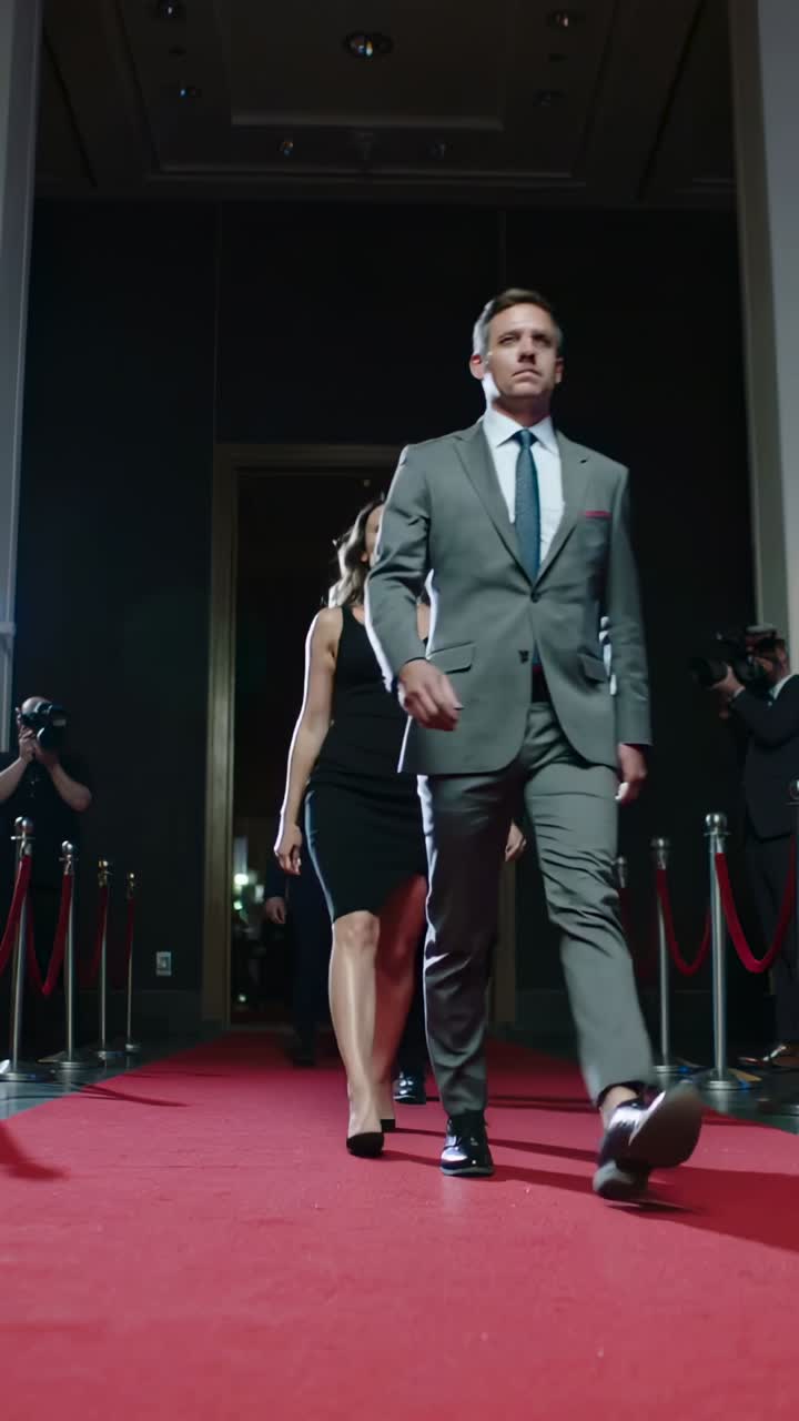 Vertical video: Walking group in suits black dress exiting arch red carpet for arrival press flash