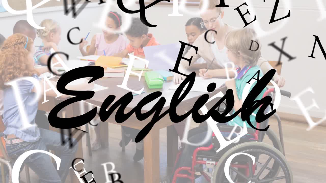 texto en inglés y múltiples alfabetos flotando contra un grupo de estudiantes que estudian en clase en la escuela