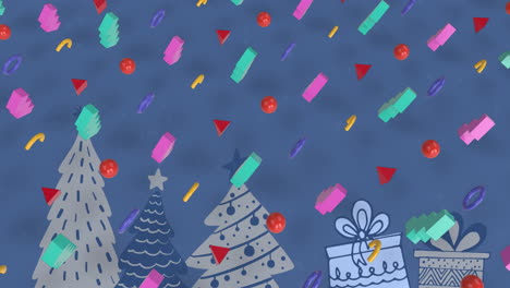 animation of abstract colorful shapes in seamless pattern against christmas trees and gift icons