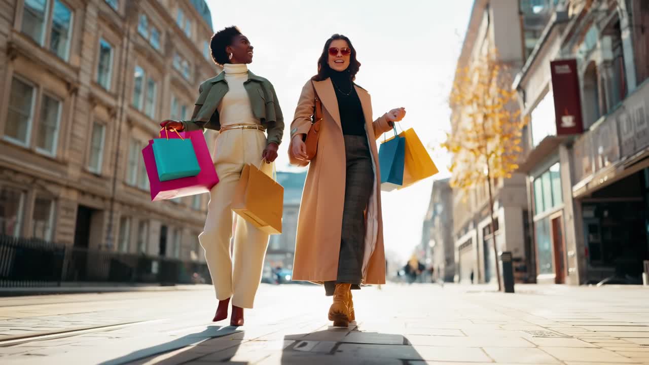 Video con angolazione dal basso di due donne alla moda che camminano allegramente con delle borse della spesa in una strada soleggiata
