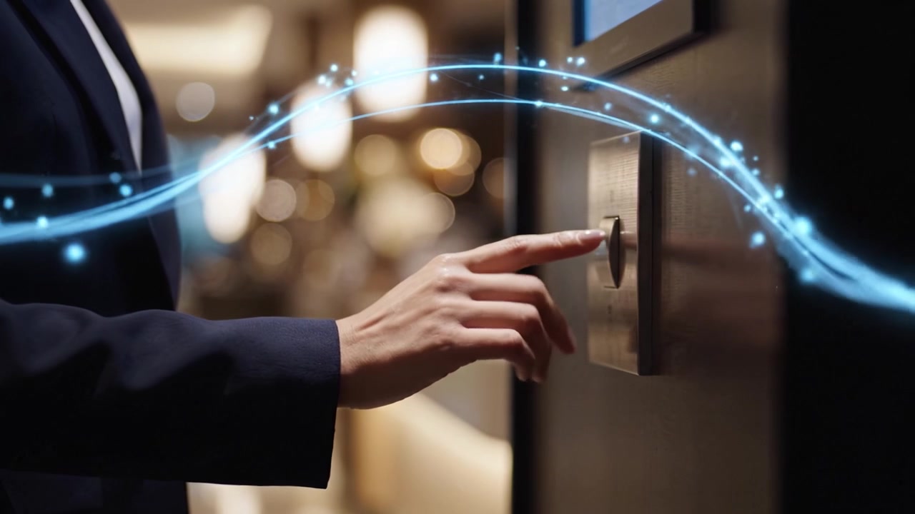 A focused look at a hotel elevator button pressed by a business professional, highlighting modern technology and sophisticated hospitality in a contemporary setting.