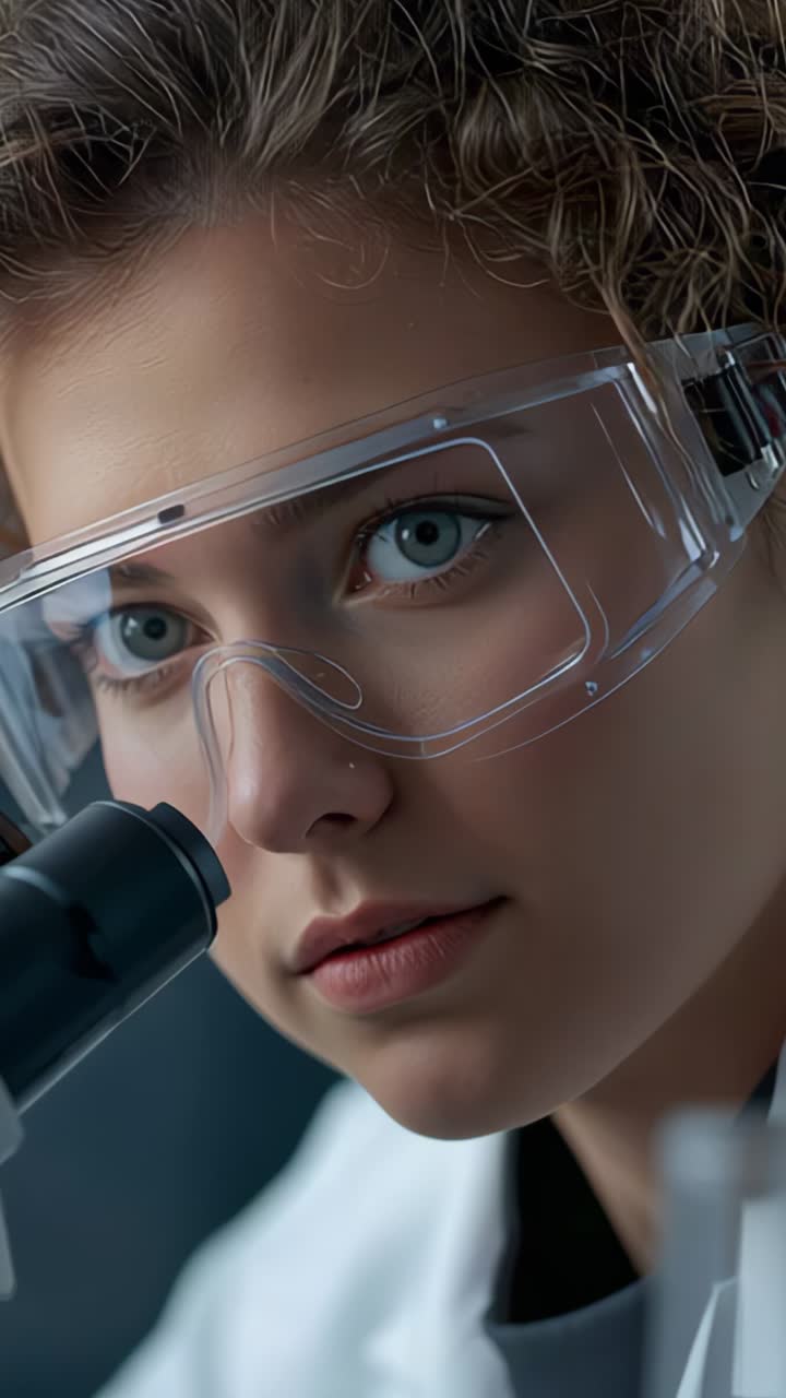 Vertical video: Start showing scientist adjusting gaze and head tilt focusing microscope in lab