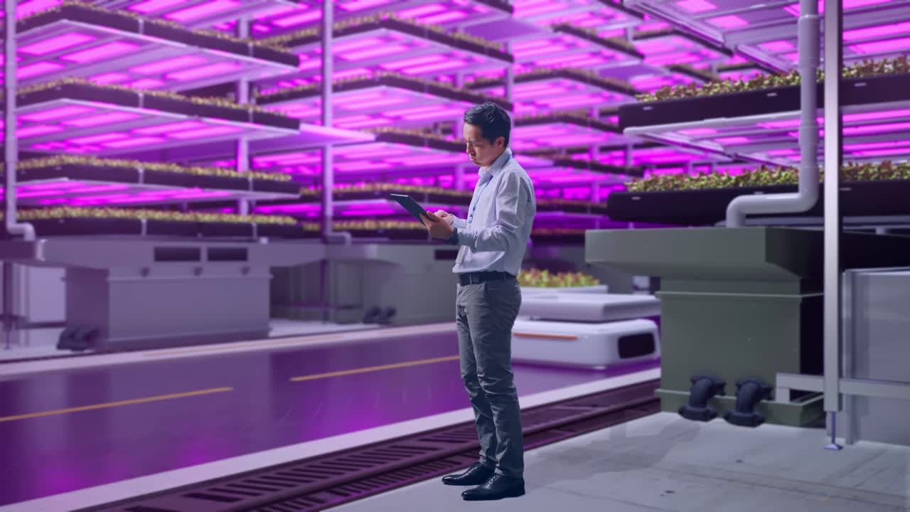 vista lateral completa del cuerpo de un trabajador profesional masculino asiático de pie con su tableta en una granja vertical, instalación industrial de alta tecnología, está asintiendo con la cabeza con decepción