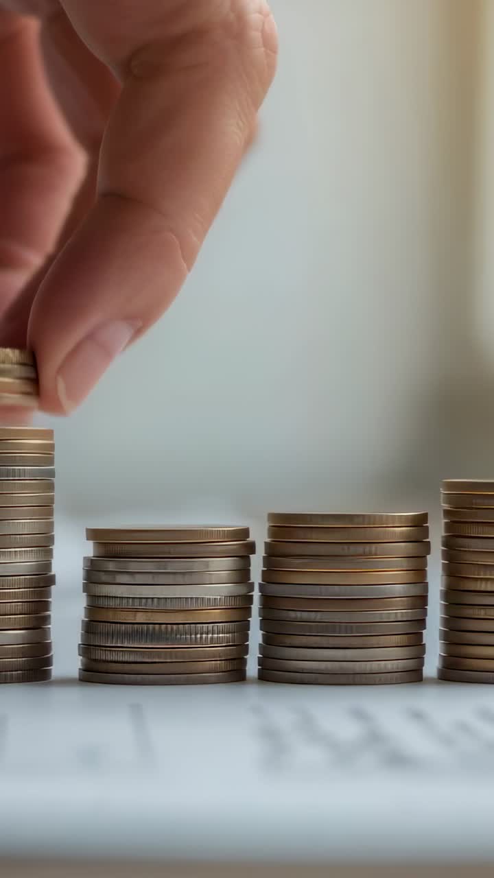 Vídeo vertical: mão direita entrando no quadro, empilhando e levantando moedas em cima da mesa, contando dinheiro