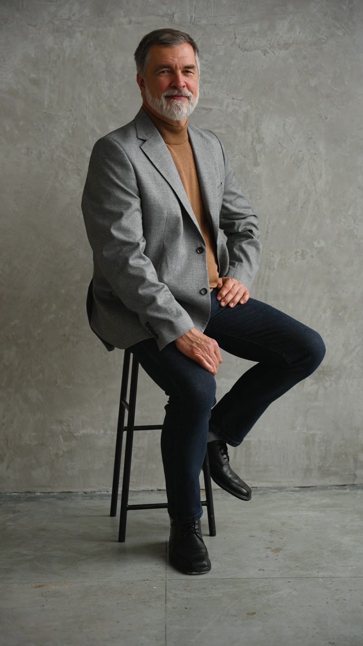 Mature Man With Beard Sitting on Stool Against Concrete Wall