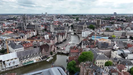 ghent historical centre belgiumdrone,aerial 4k video footage over river