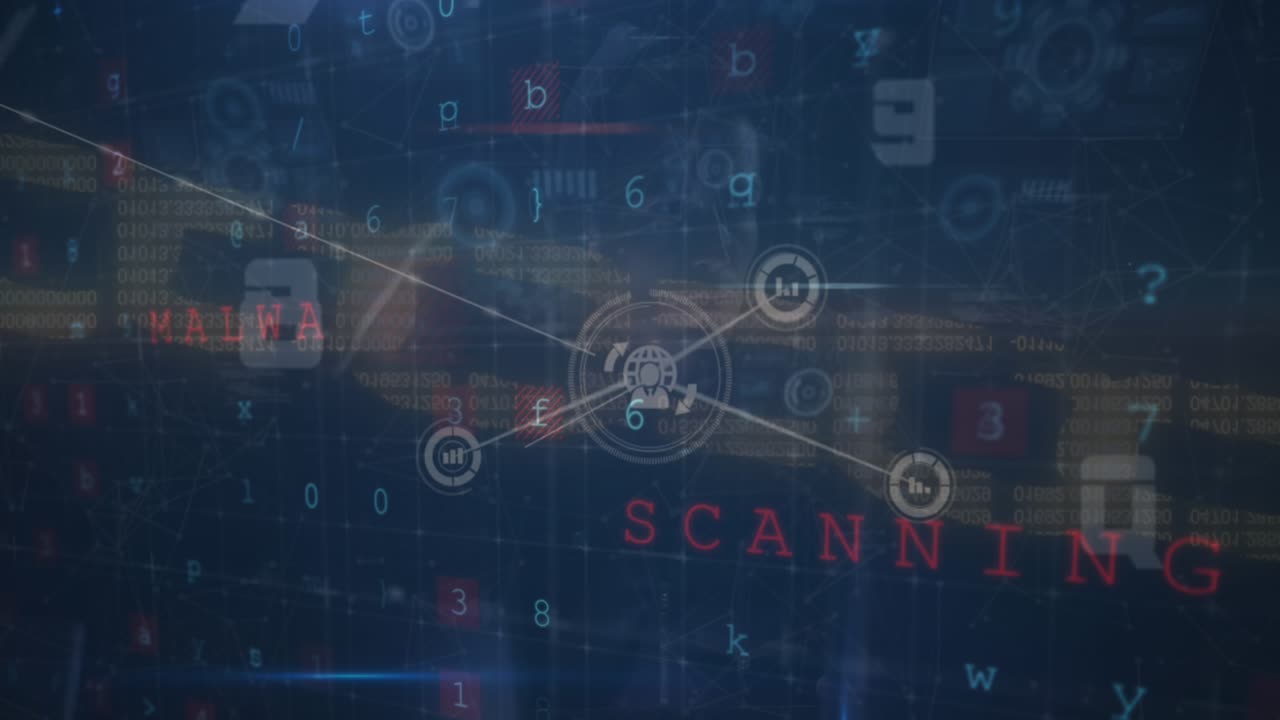Animation of connected icons, multiple words, numbers, symbols and lens flare in background
