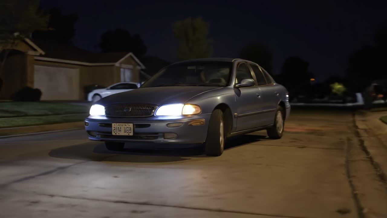 A Blue Sedan Driving Through a Suburban Neighborhood at Night, Illuminated by Headlights, Capturing the Essence of Evening Journeys and Calm Streets
