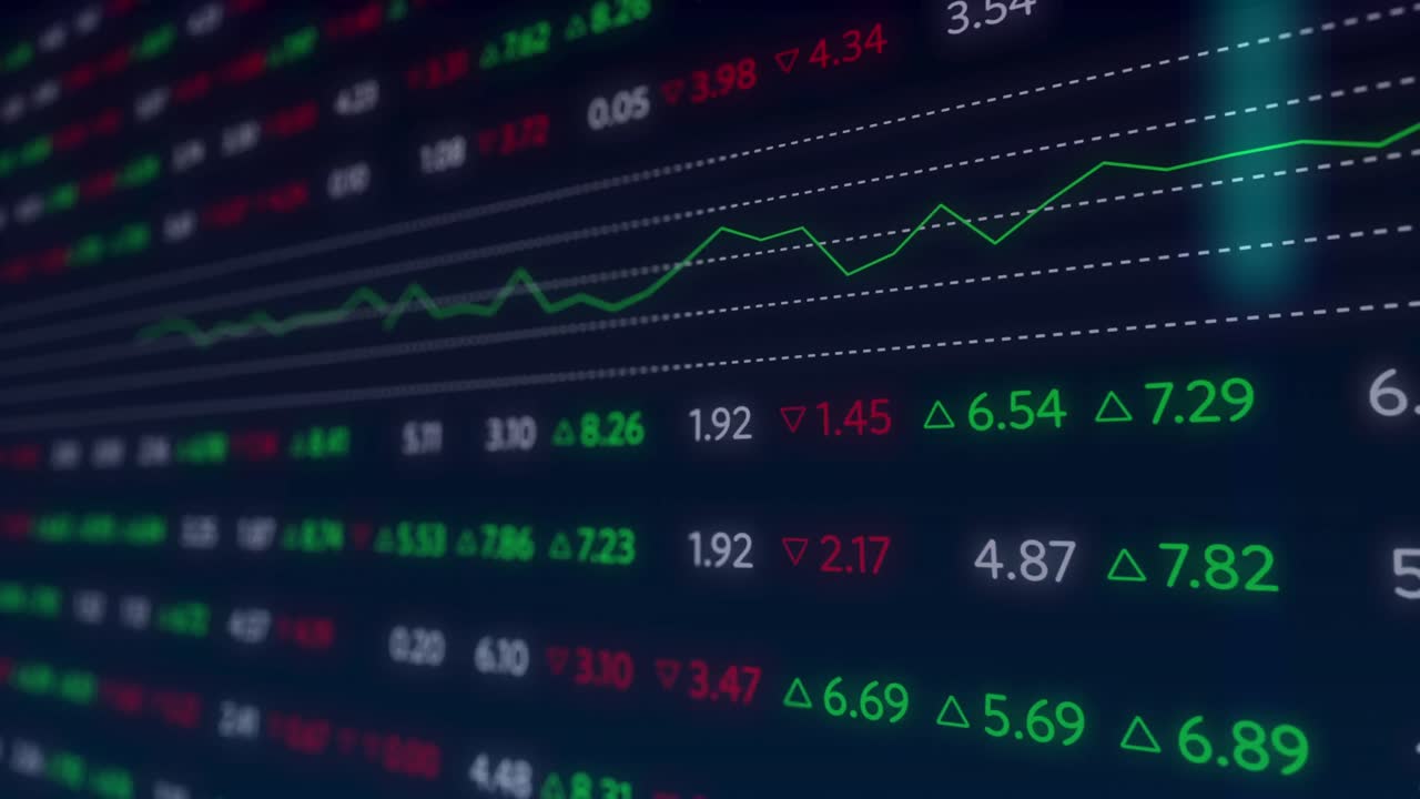 Animazione di statistiche ed elaborazione di dati finanziari su sfondo blu