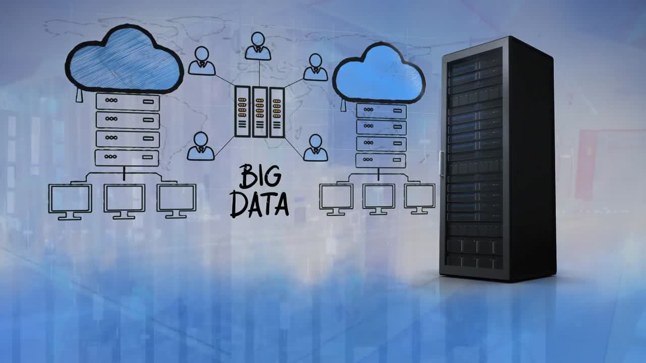 Animation of statistical data processing over network of digital icon and computer server