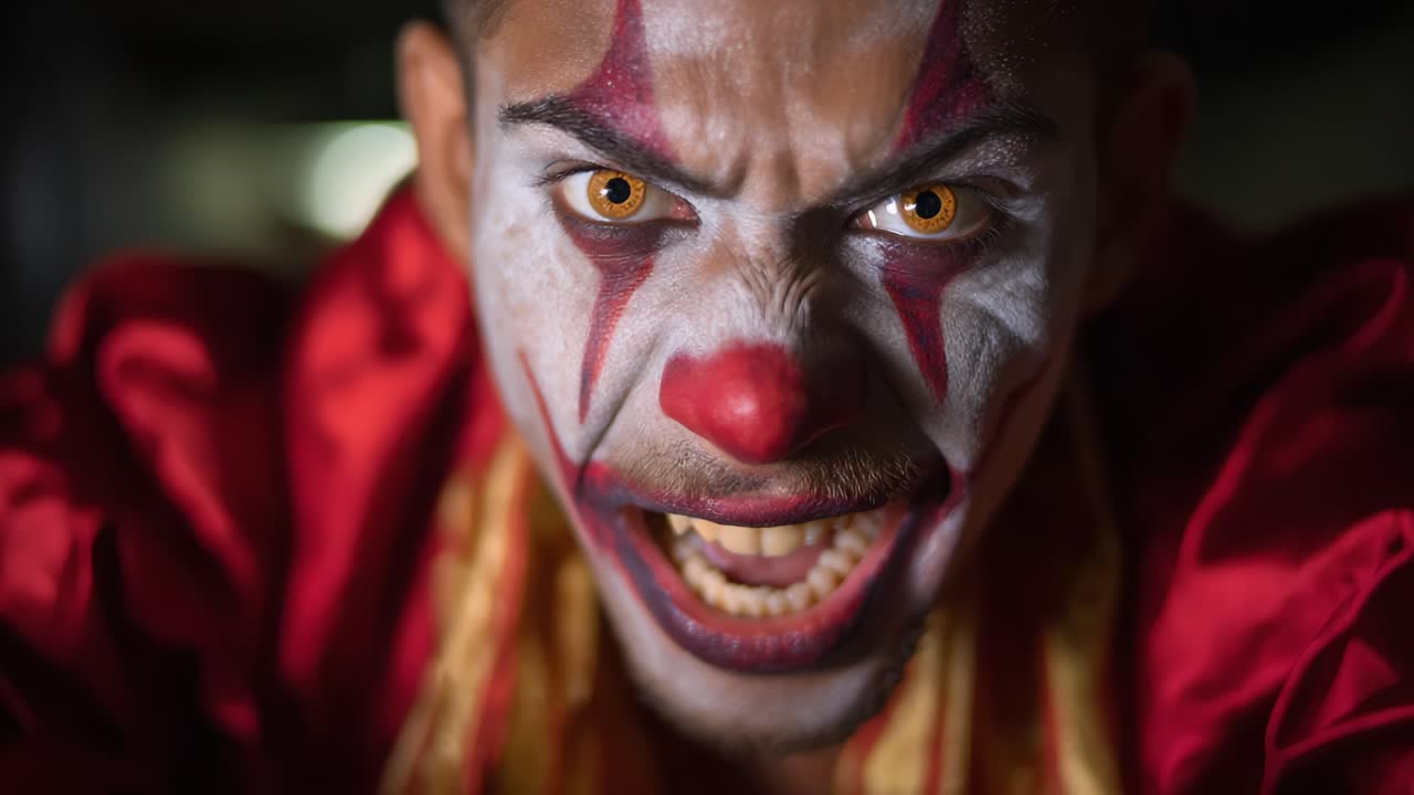 Intense Close-Up of an Angry Clown with Striking Yellow Eyes and Vibrant Red Outfit, Capturing a Powerful Emotion in a Darker Atmosphere